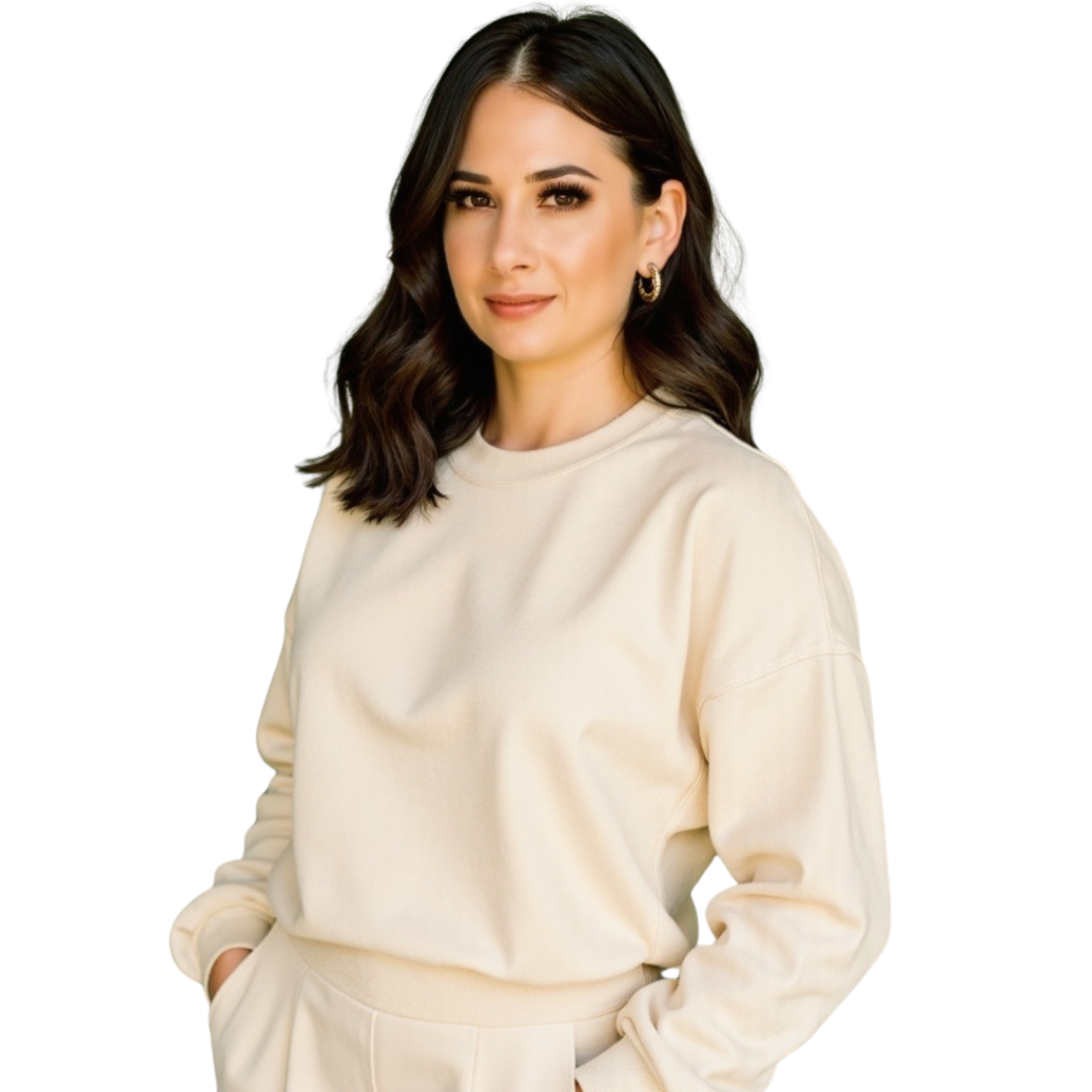 Woman with dark hair, wearing a cream-colored sweatshirt and sweatpants, hands in pockets, smiling.