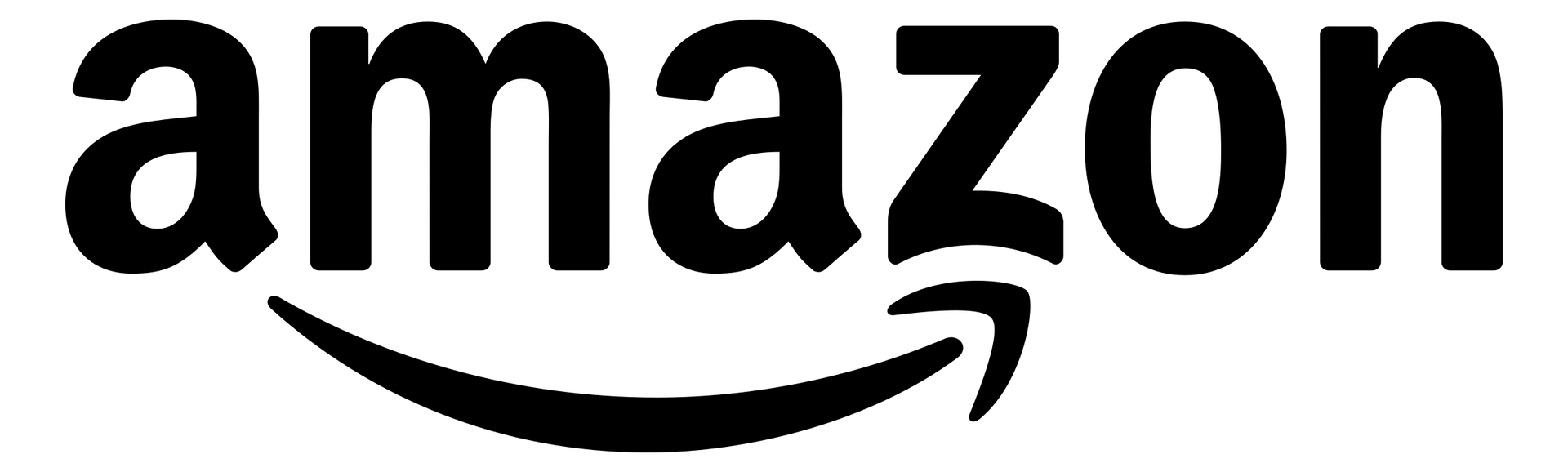 Amazon logo: Black wordmark with a curved arrow connecting