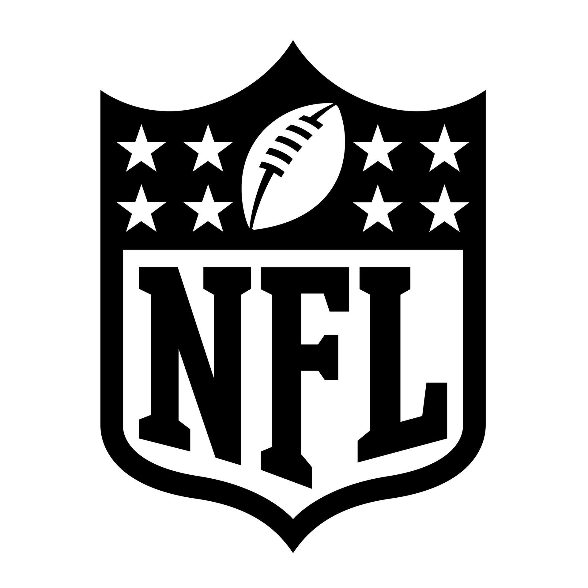 NFL logo: a shield-shaped emblem with a football and 8 stars above the letters 