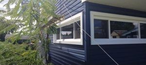 A blue house with white windows and a tree in the background.