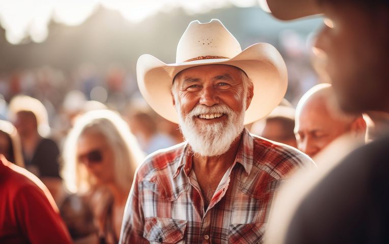 Smiling older man in cowboy hat and plaid shirt, outdoors in a crowd.