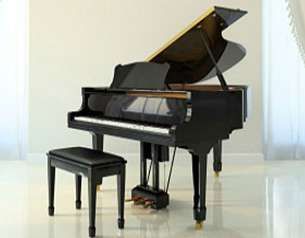 Black grand piano with open lid and matching bench in a white room.