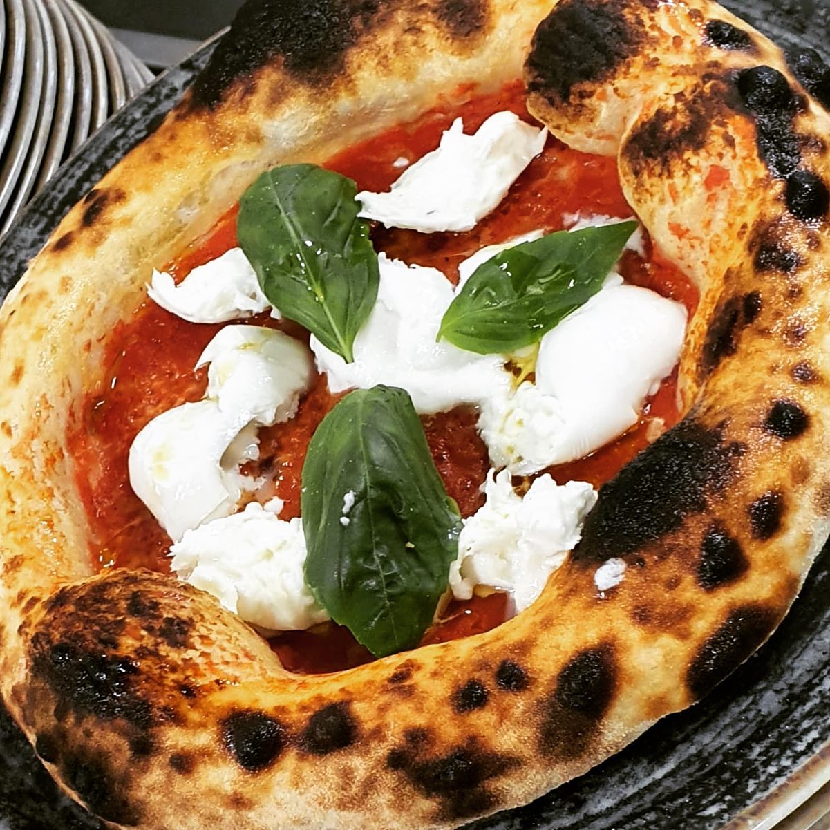 pizza con mozzarella fresca e basilico