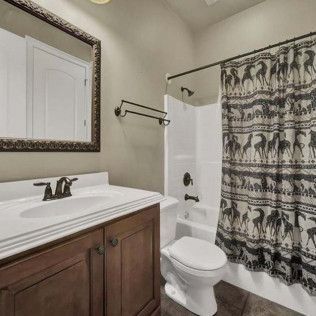 Bathroom with a dark wooden vanity, white sink, toilet, shower, and tan walls.