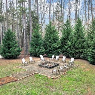 Outdoor fire pit surrounded by chairs and evergreen trees. A dirt path leads to the square pit on a grassy area.