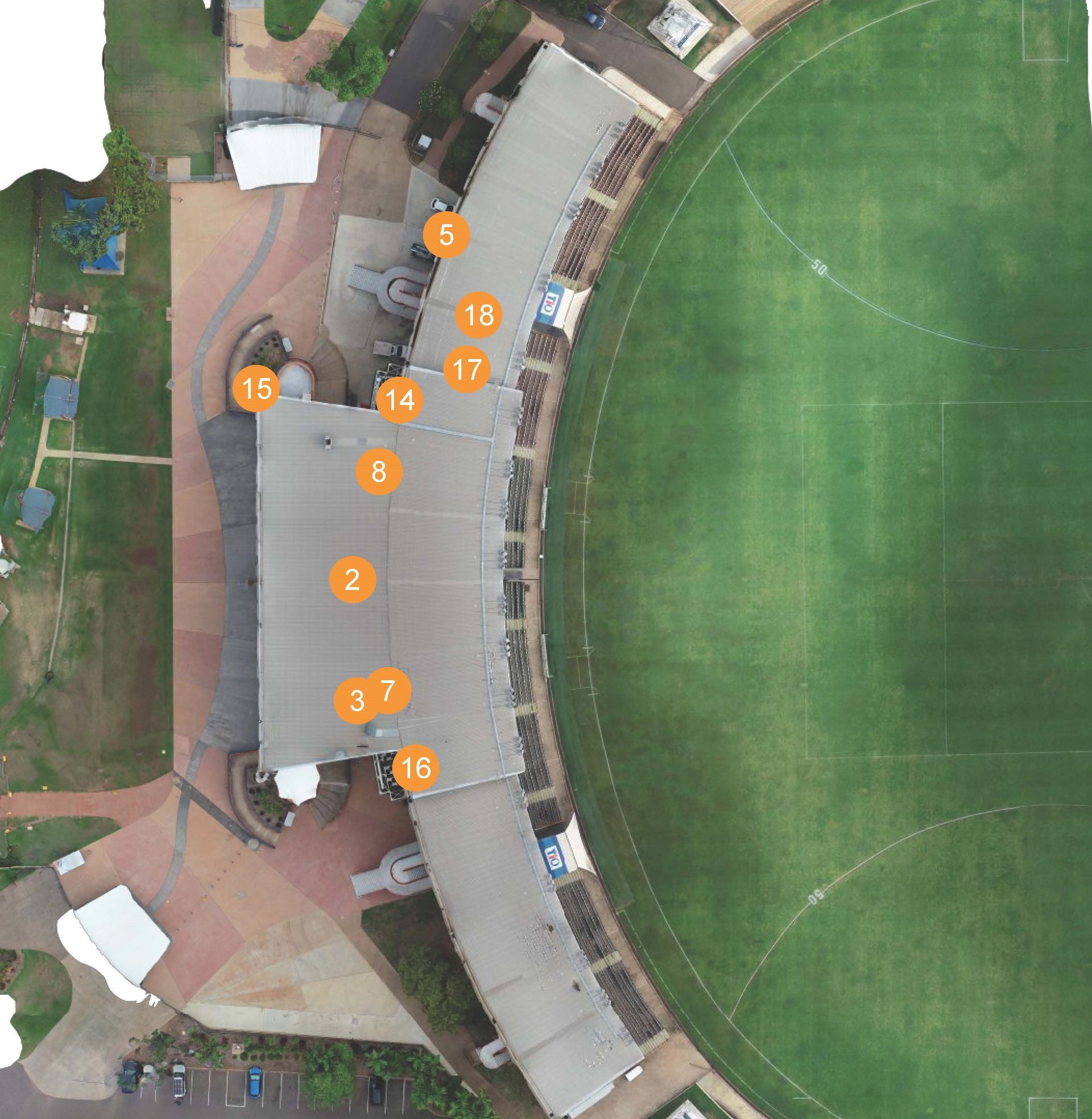 An aerial view of a building with numbers on it