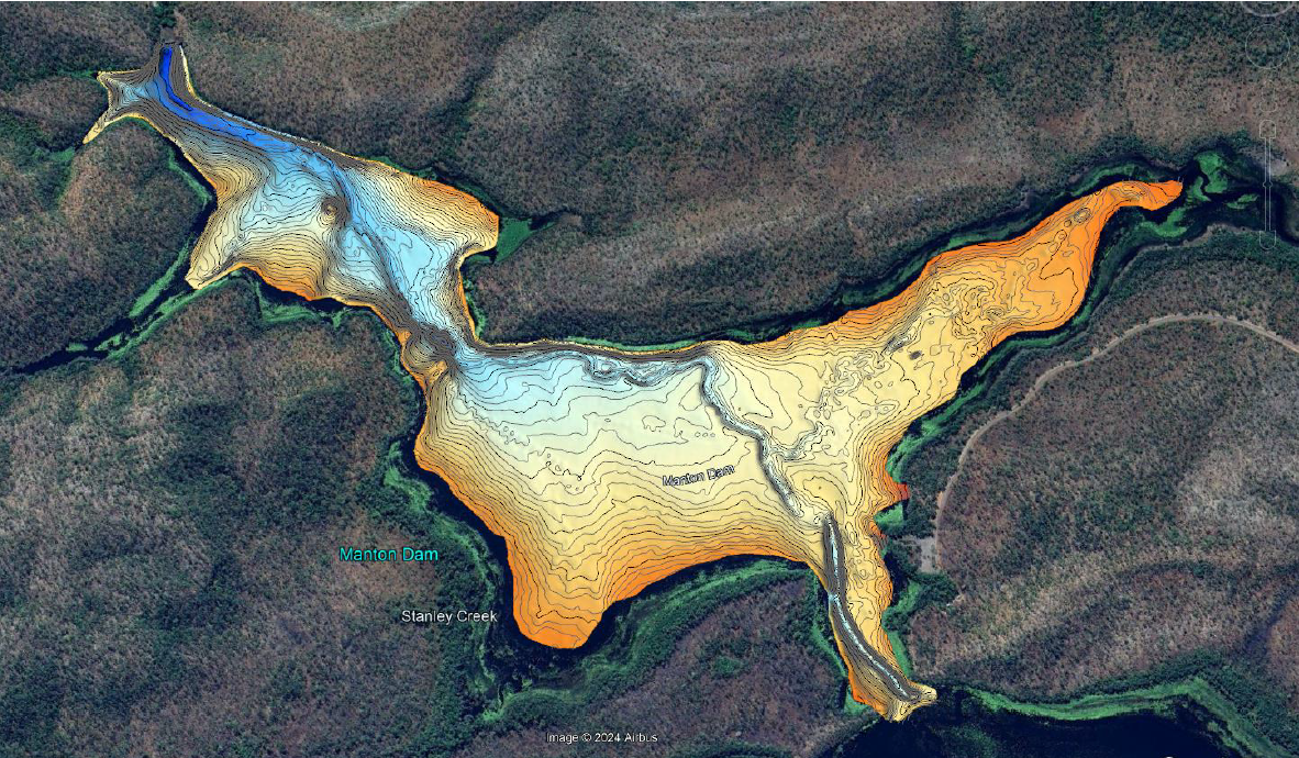 An aerial view of a large body of water with a river running through it.