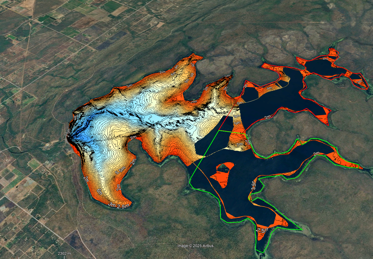 Bathymetric survey data overlaid over image of large reservoir in the Northern Territory. 