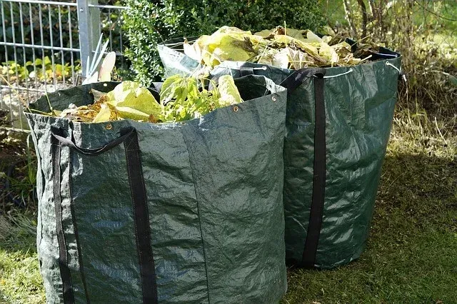 Two dark green yard waste bags filled with green and yellow plant debris sit on grass.