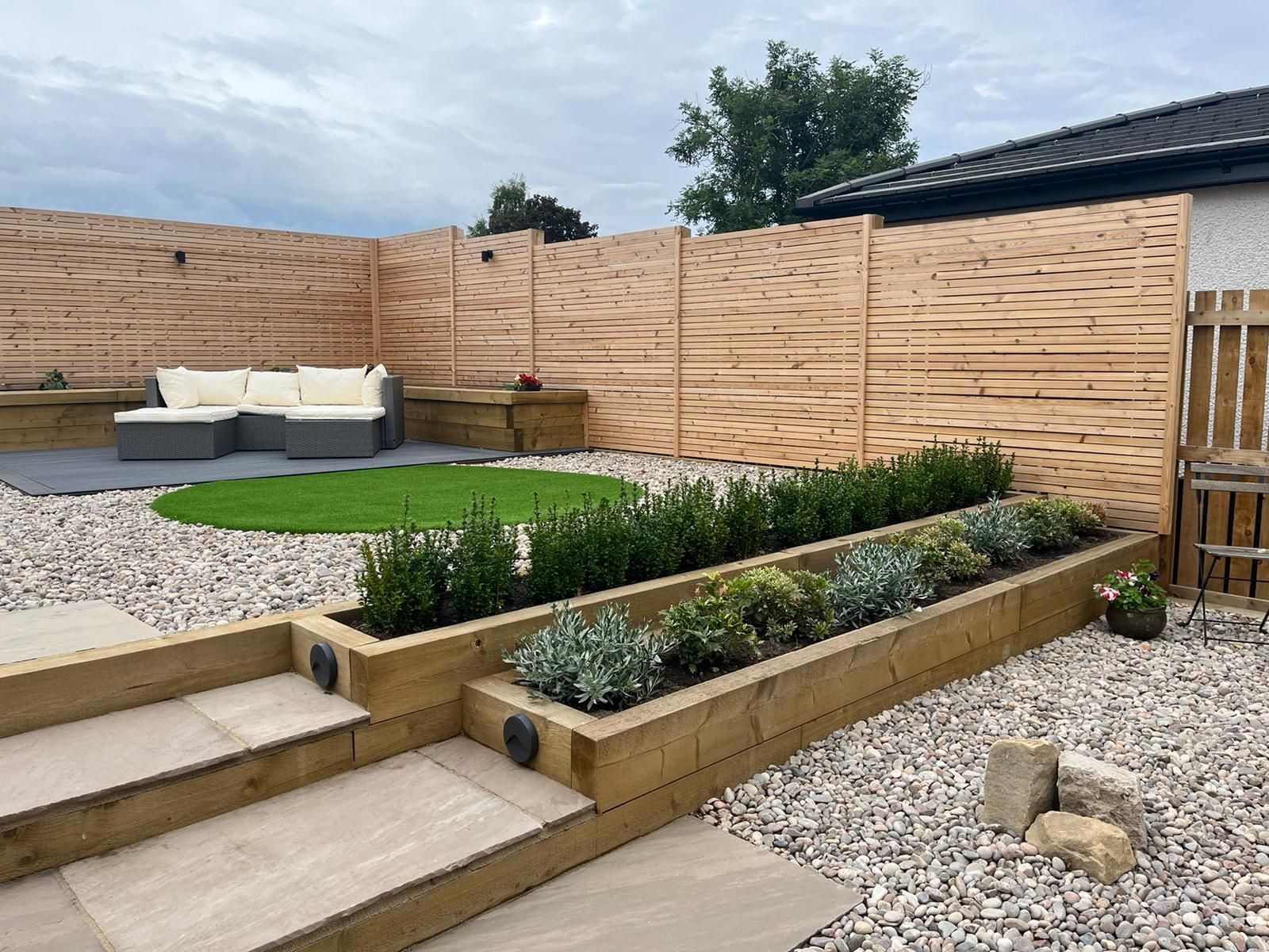 A modern backyard with stone steps, a raised garden bed, and a wooden privacy fence, gravel, and a seating area.