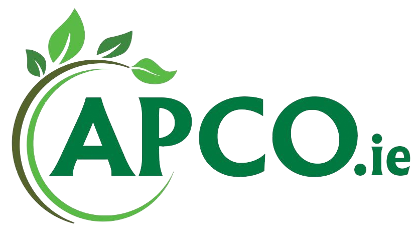 Logo for APCO.ie, green text and leaves with a curved line.
