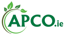 Logo for APCO.ie, green text and leaves with a curved line.