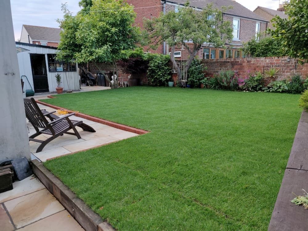 Lush green lawn in a backyard with wooden deck, shed, and brick wall. Two lounge chairs are on the deck.