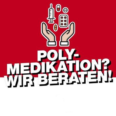 A red poster with the words `` poly-medikation ? wir beraten ! ''