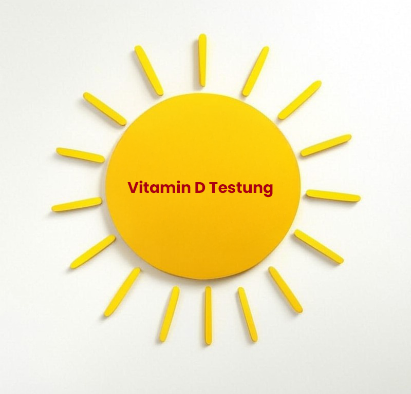 Eine gelbe Sonne mit den Worten Vitamin D Testung darauf