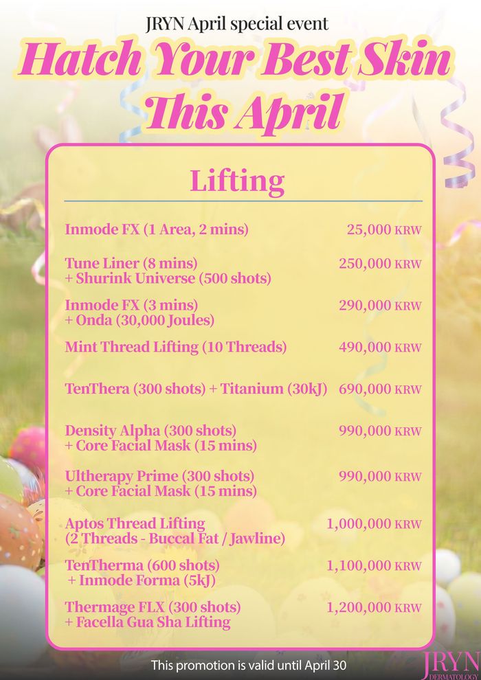 Pink April skin-sale poster listing “10% April special offer” with a price list of beauty treatments.