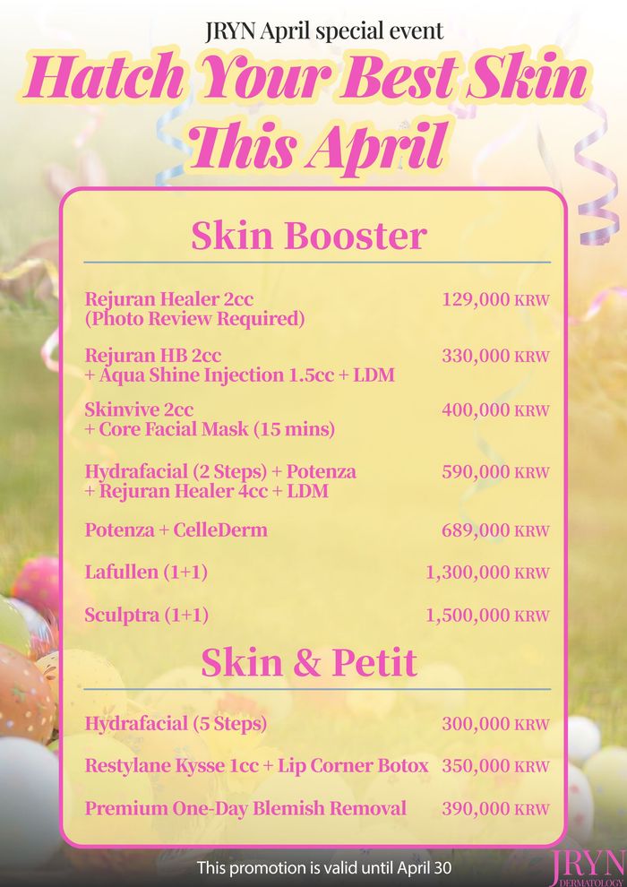 Pink April spa event flyer with “Hatch Your Best Skin This April” and skin booster and skin & peel offers