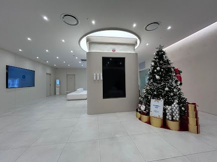 Modern spa treatment room with two massage beds, soft lighting, and green walls