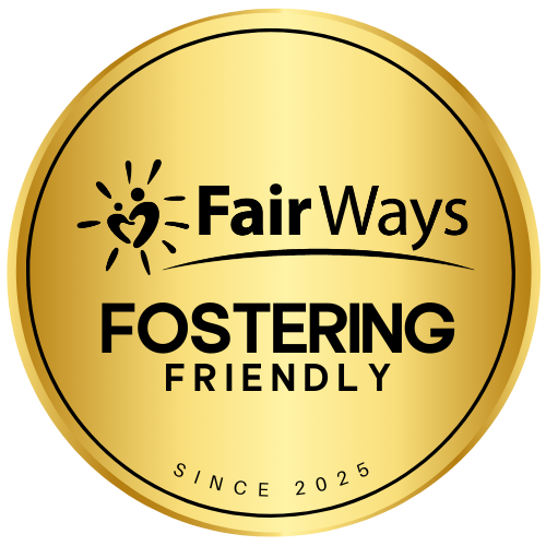 Gold circular FairWays Fostering Friendly logo with black text and sun-heart icon, “Since 2025” around edge