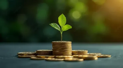 Pile of gold coins with a small green plant growing from the center, symbolizing financial growth.