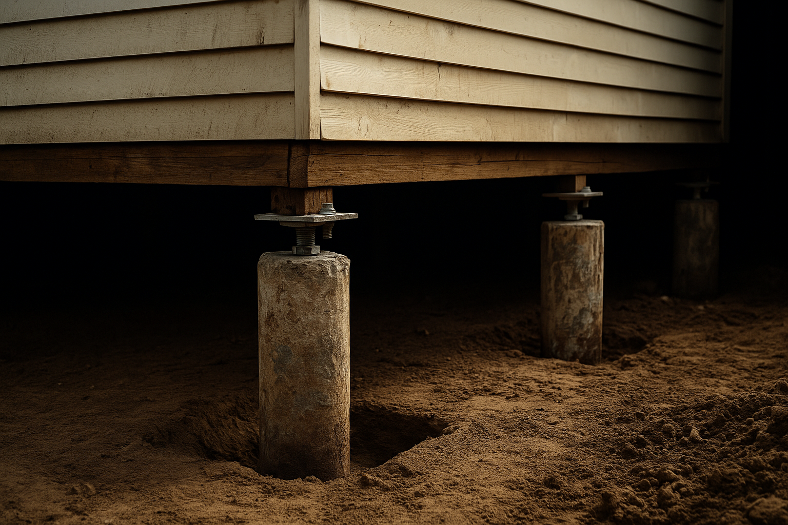 A wooden structure supported by concrete piers. The ground is dirt, and it is dark underneath the building.