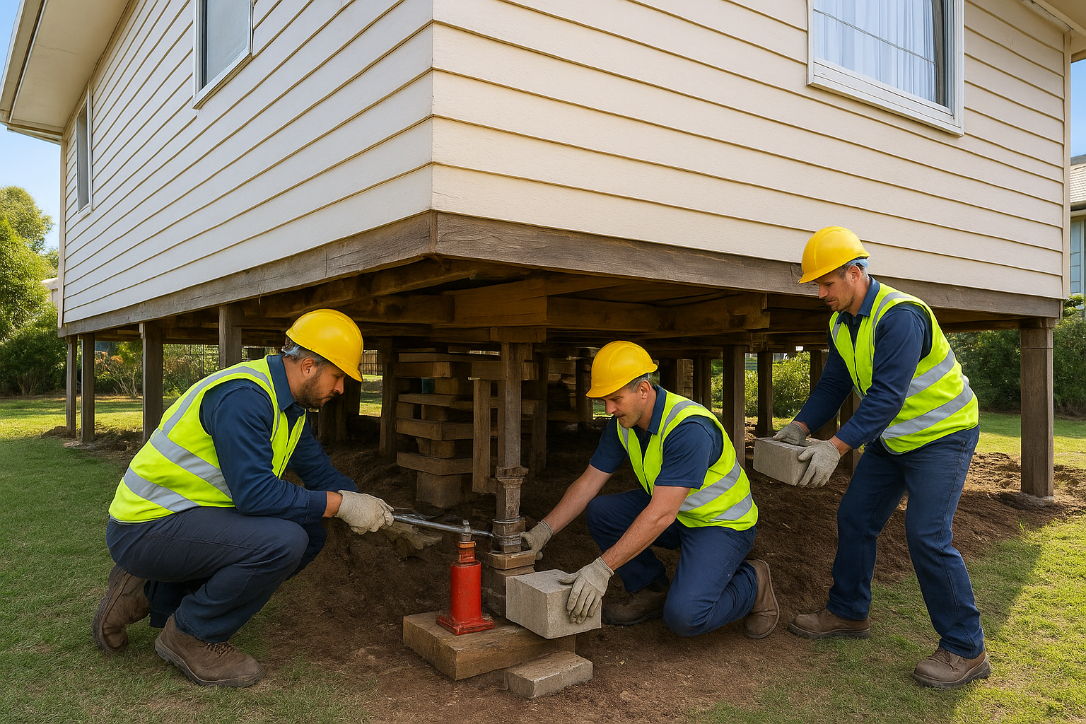 Three construction workers raising a house on stilts with jacks and blocks.