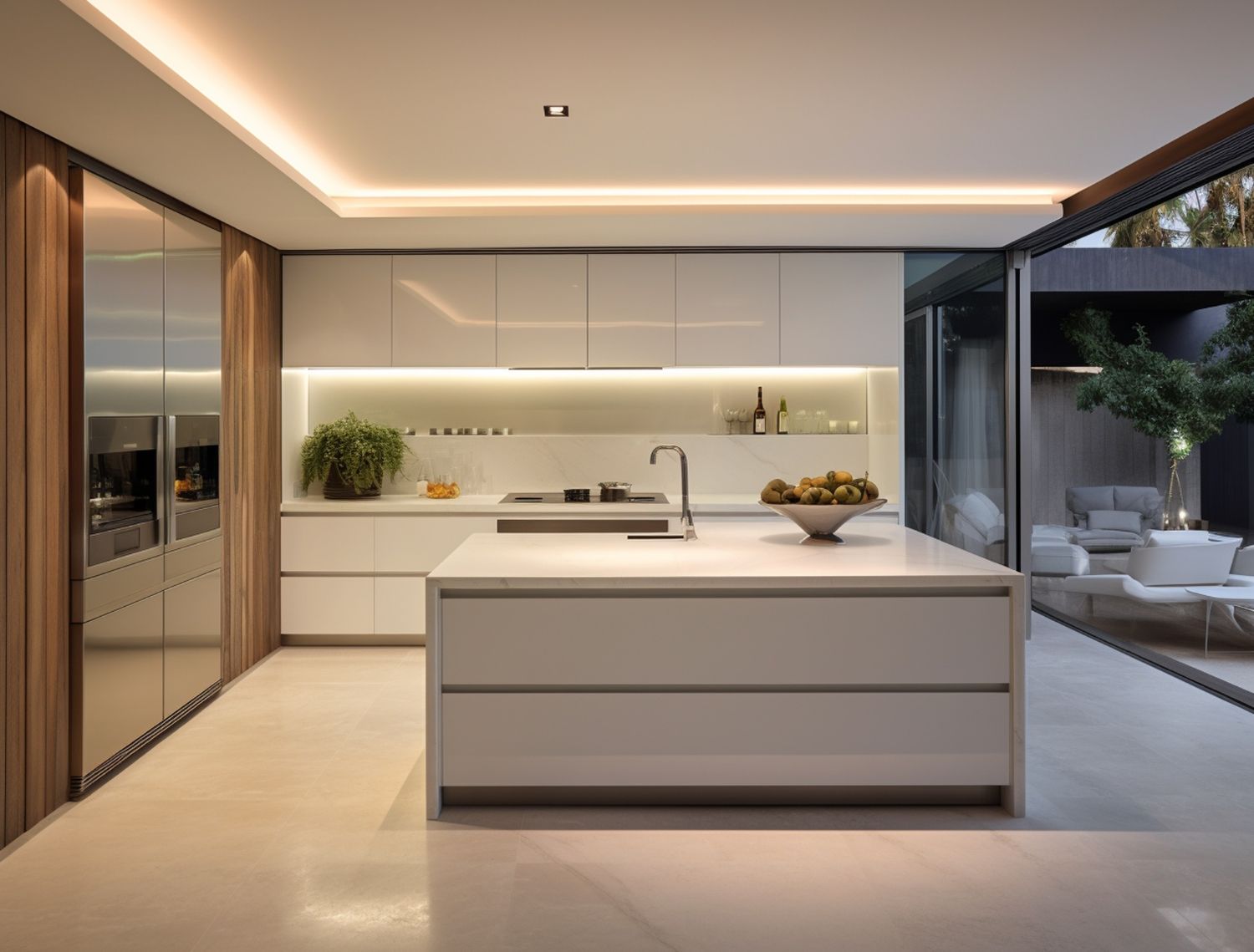 A kitchen with white cabinets and a large island in the middle.