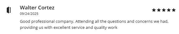 Review with stars by Walter Cortez, praising professional company and excellent service.