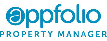 The logo for appfolio property manager is blue and white.