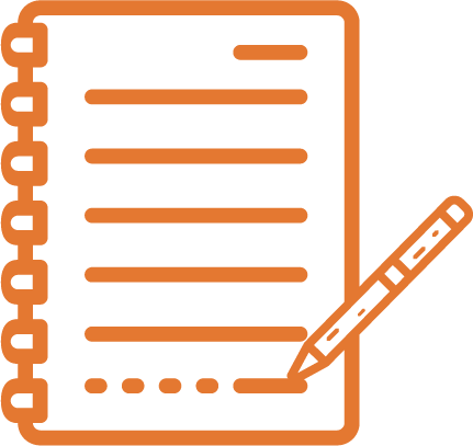 Orange notebook with lined pages and a pencil icon