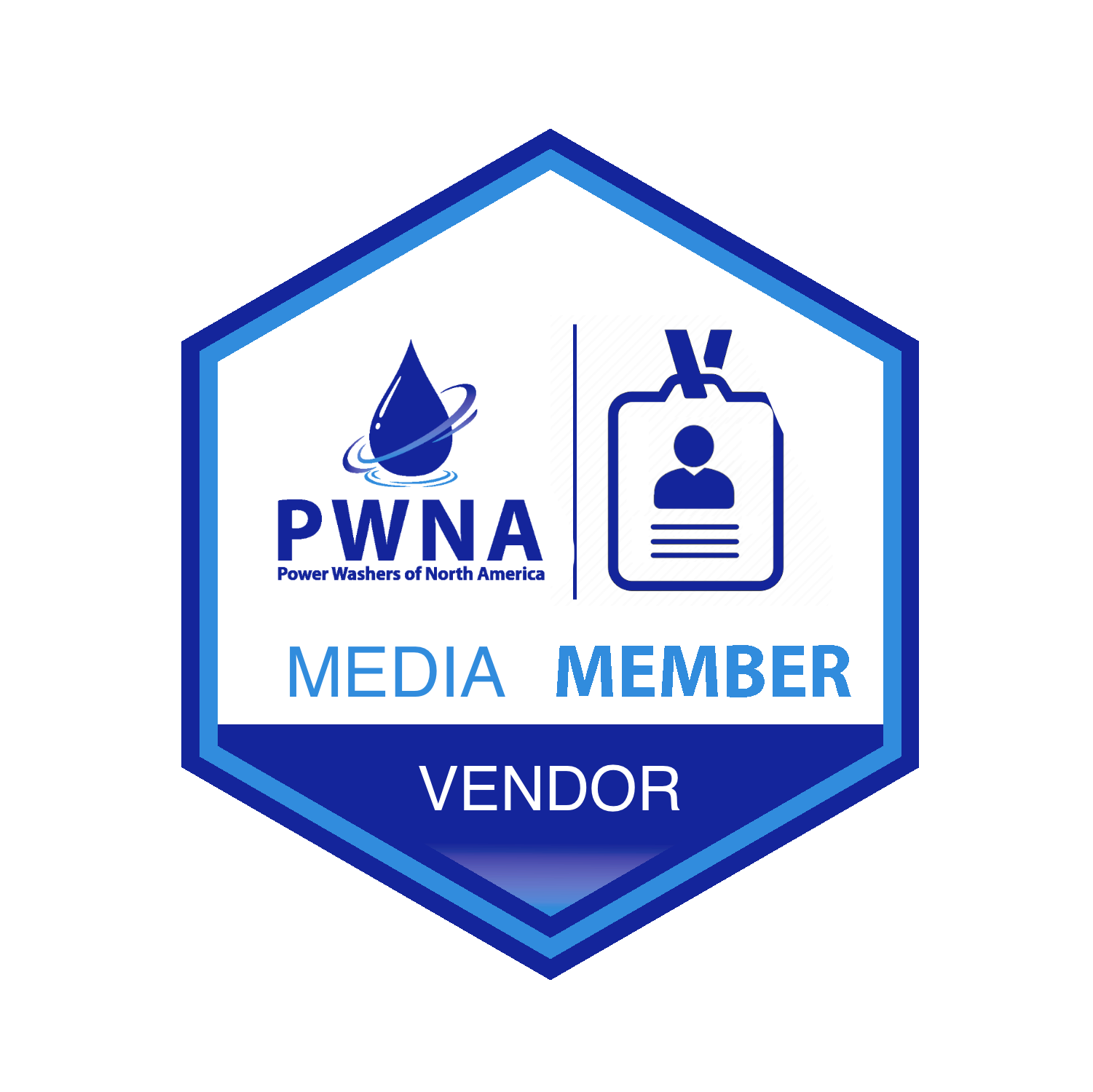 Blue hexagonal PWNA Media Member Vendor badge with ID icon and text.