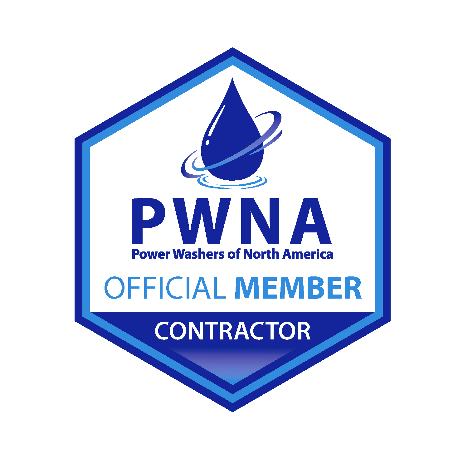 PWNA Official Member Contractor logo in blue and white hexagon with droplet icon