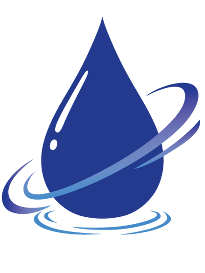 Blue water droplet logo with light blue swirls around it