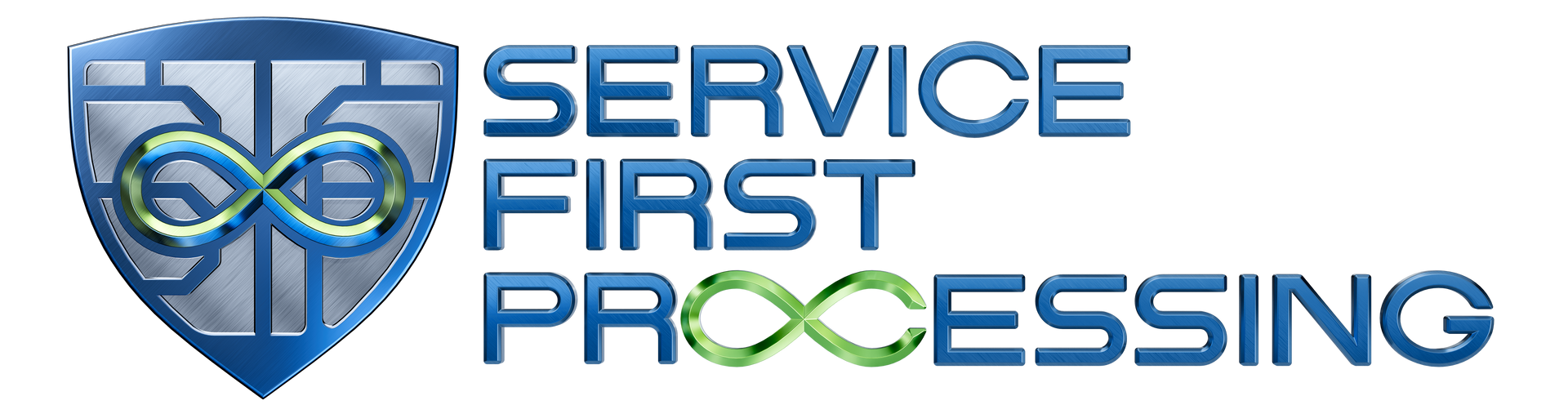 Service First Processing logo with blue shield and green eye motif