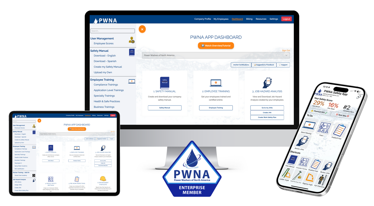 Responsive e-commerce website shown on desktop, tablet, and smartphone, with PWNA badge below