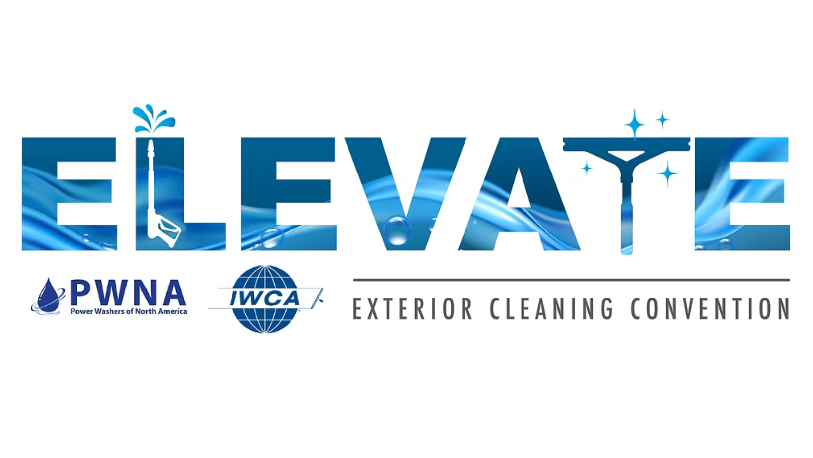 ELEVATE Exterior Cleaning Convention logo in blue and teal with sponsor logos below
