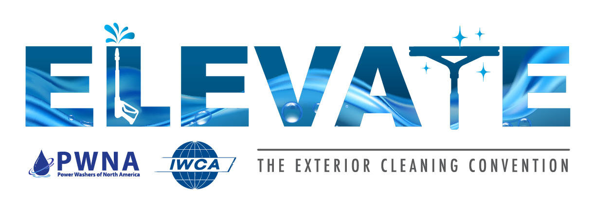 ELEVATE logo in blue with sponsor logos and text “Exterior Cleaning Convention” on white background
