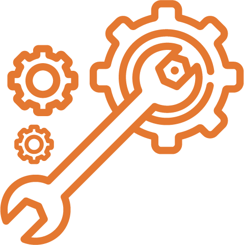 Orange wrench and gears icon on a white background, suggesting maintenance or settings.
