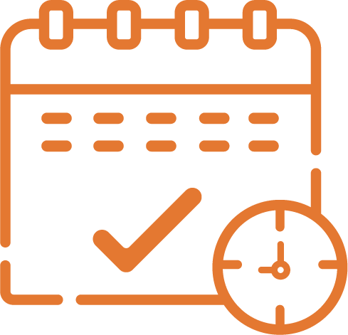 Orange calendar with a checkmark and clock icon, suggesting scheduling or deadline reminder