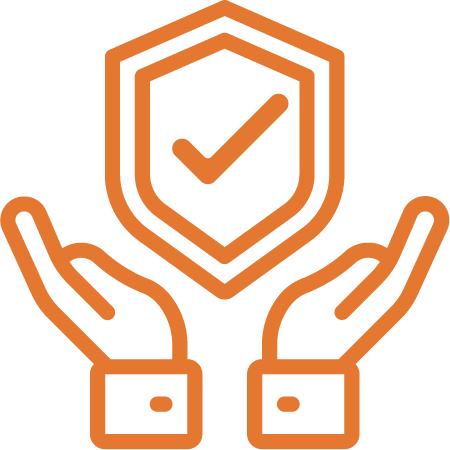 Orange outline of hands protecting a shield with a checkmark icon