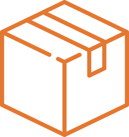 Orange outlined shipping box icon with a taped top flap.