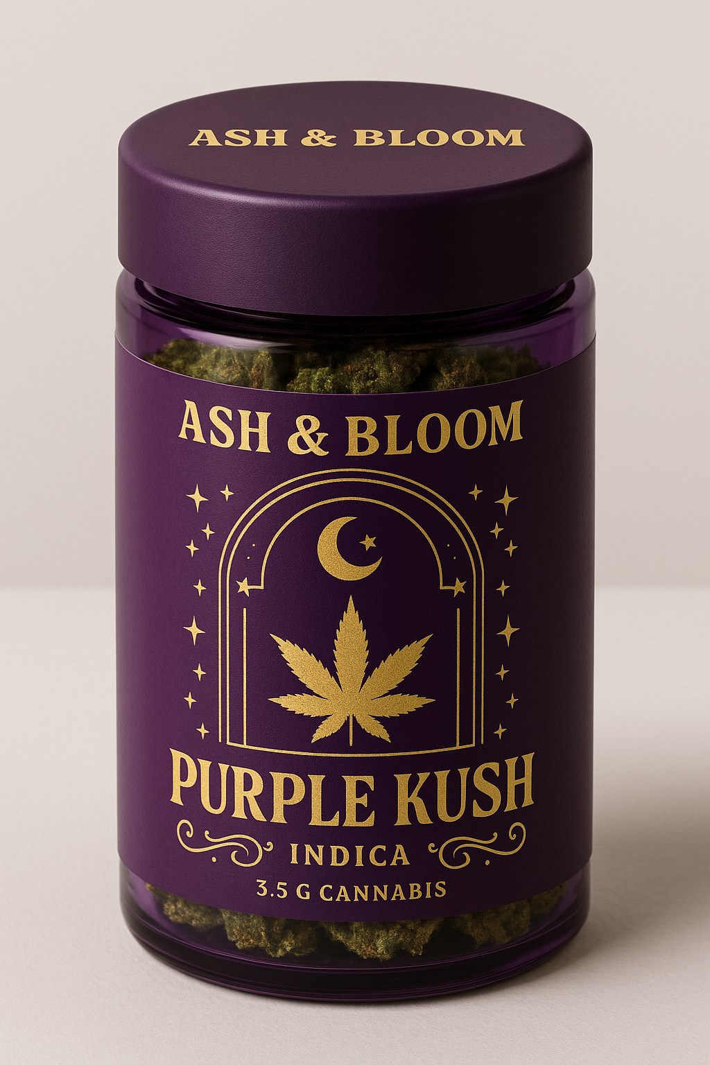 Purple Kush cannabis jar with gold lettering and marijuana leaf graphic.