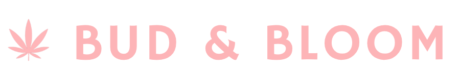 Logo of Bud & Bloom with a pink cannabis leaf.