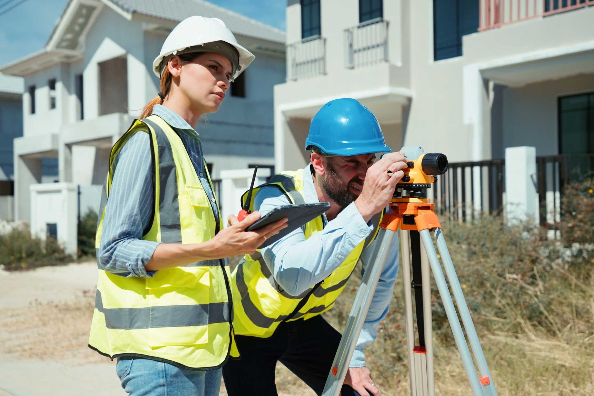 Two surveyors in safety vests and hard hats use surveying equipment at a construction site.