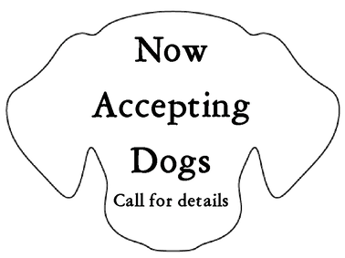 a black and white sign that says `` now accepting dogs call for details ''