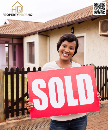 Picture of a woman in front of her house with a sold sign. PropertyProsHQ logo and QR code included.