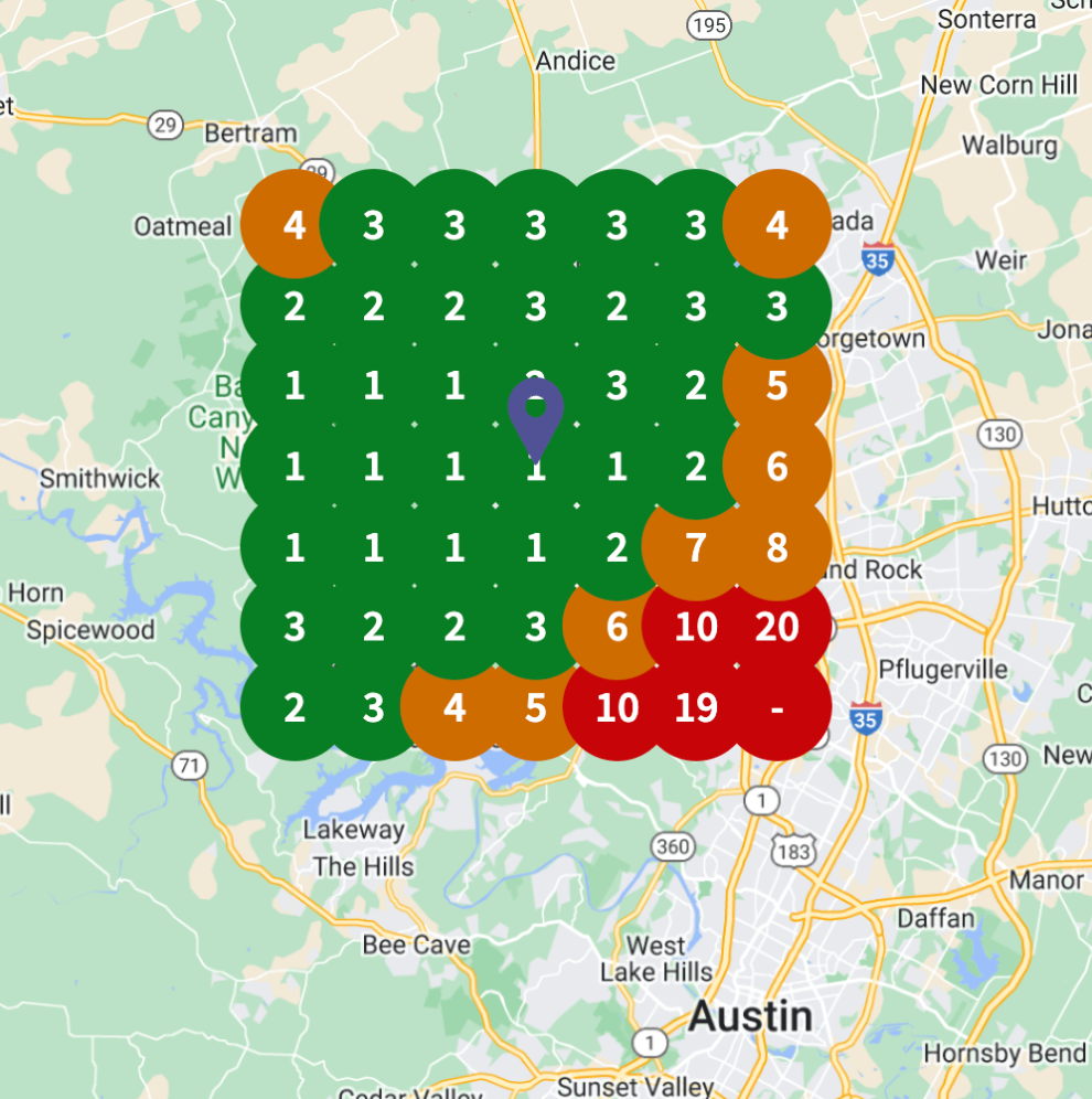 324 square mile local search grid reports for a PropertyProsHQ Marketing & SEO client
