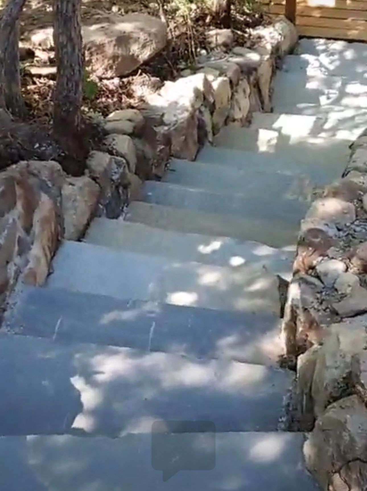 A set of stairs leading up to a stone wall in the woods.