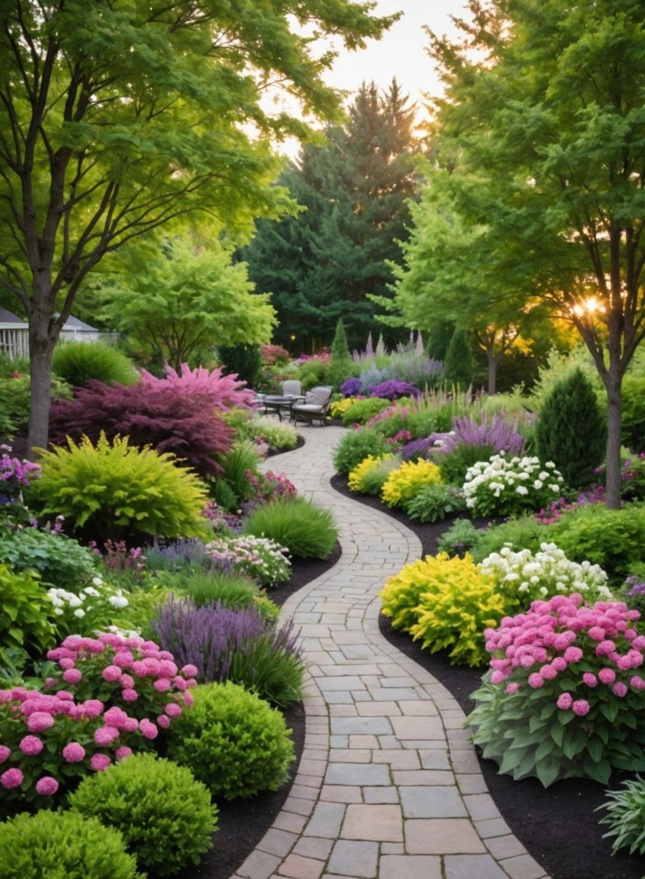 A path in a garden surrounded by flowers and trees