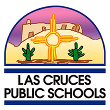A logo for las cruces public schools with a cross and cactus